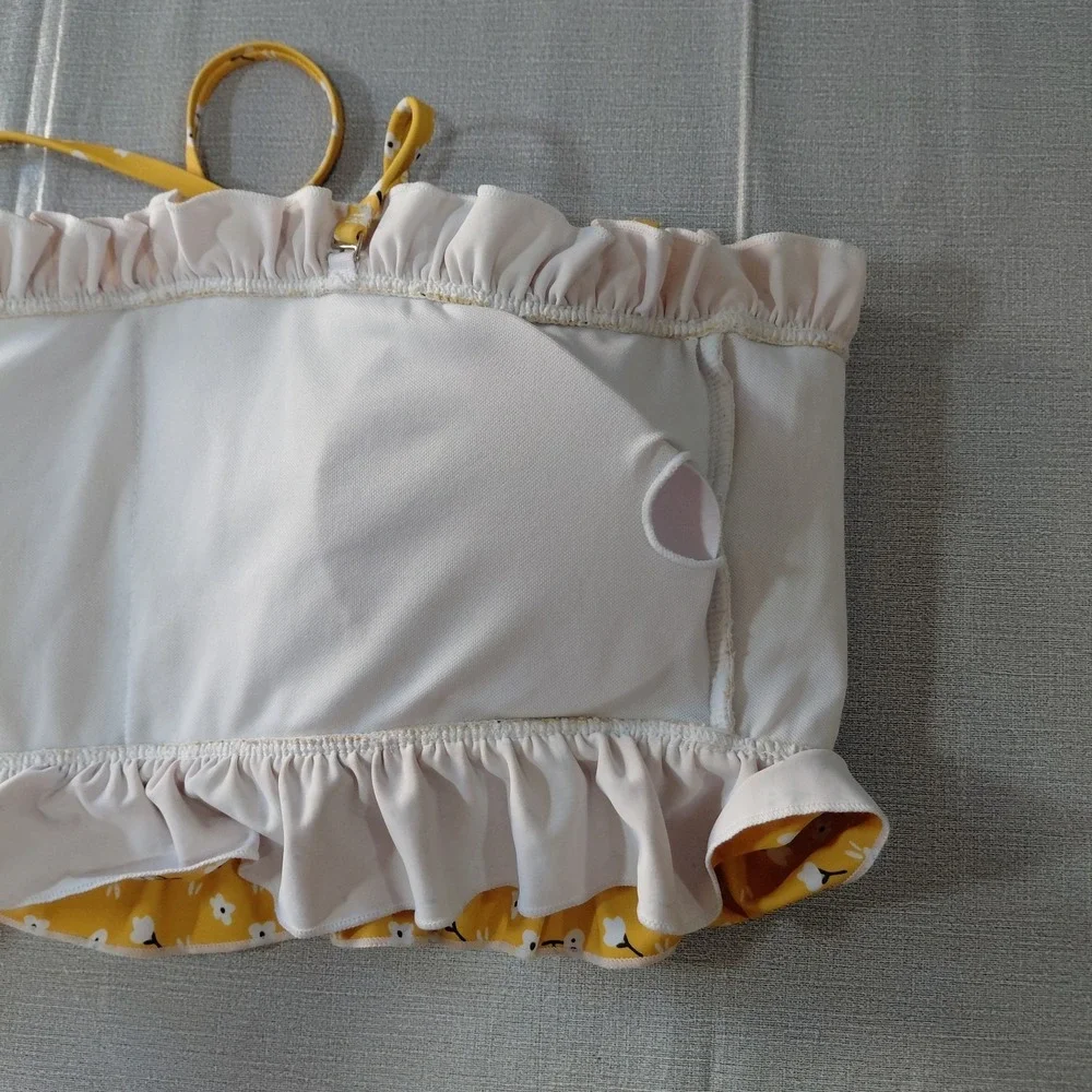 Smocked Floral Bandeau Ruffled Bikini Top Women's L Crop Top Yellow Ditsy Floral